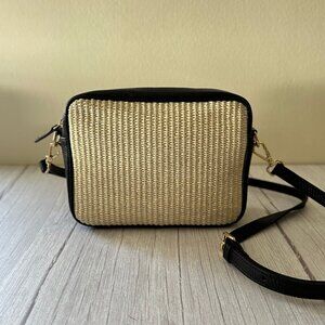 Quince Italian Leather & Raffia Crossbody Bag, Black and Natural